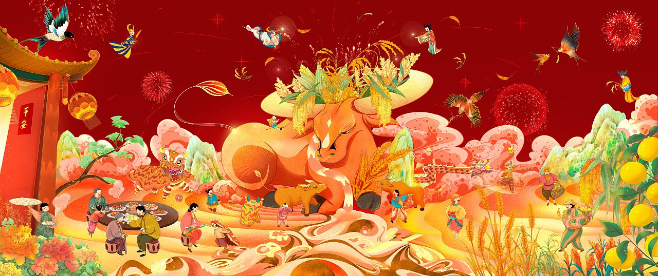 2021牛贺新春（图ZMjM4MDYwMjYw） - 商业插画 - 站酷设计师亦耕原创素材 - 站酷ZCOOL