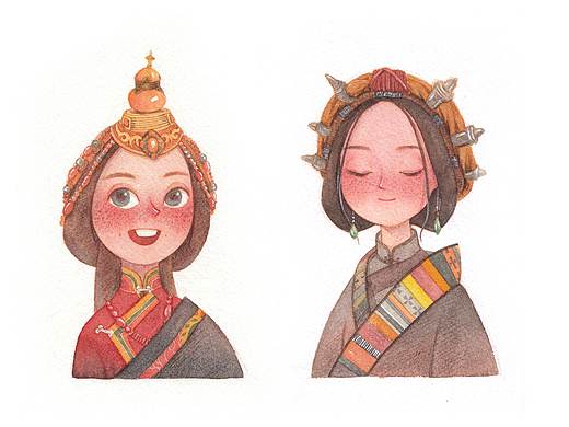 水彩-插画-少数民族女生