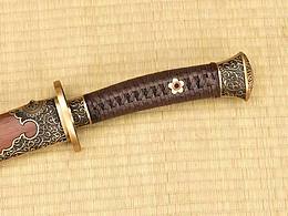 明清刀剑 铜装卷草纹雁翎刀 特制大马钢扭转纹