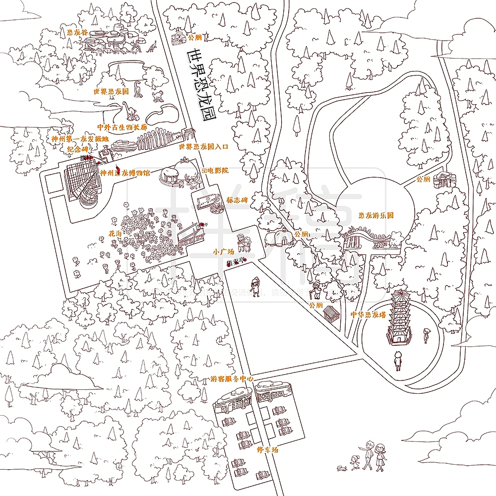 嘉荫恐龙国家地质公园手绘地图导览图指示牌卡通插画