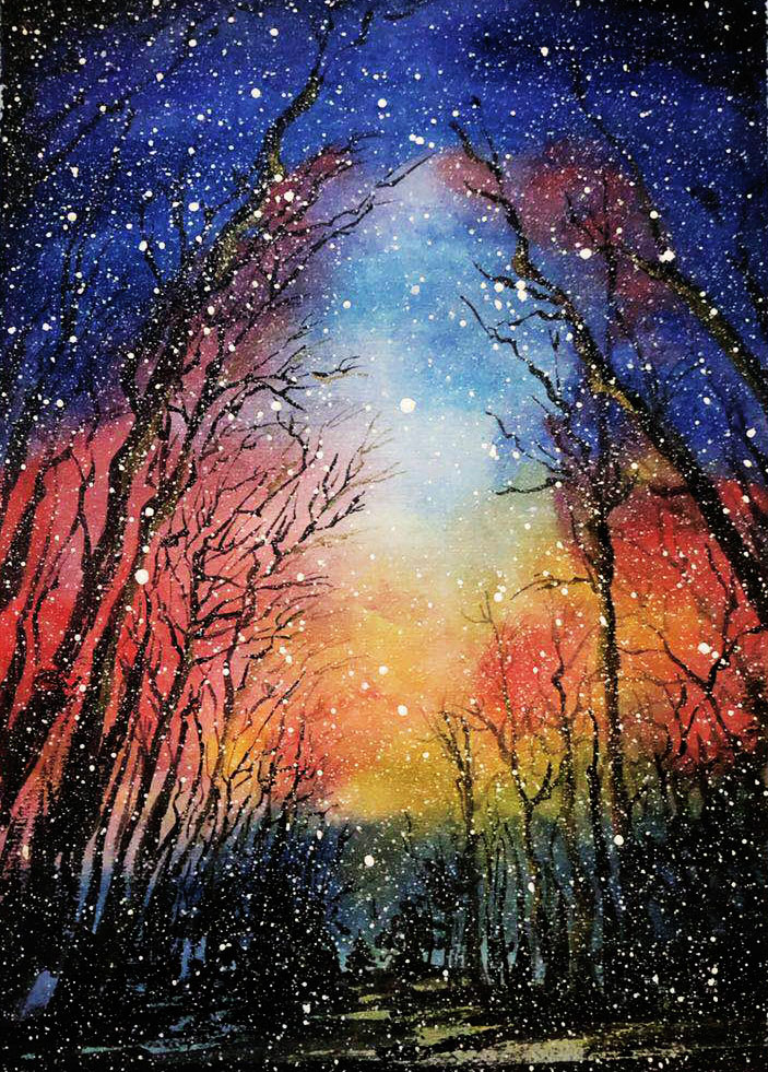 《星空 · 雪夜》水彩,彩铅,手绘,插画