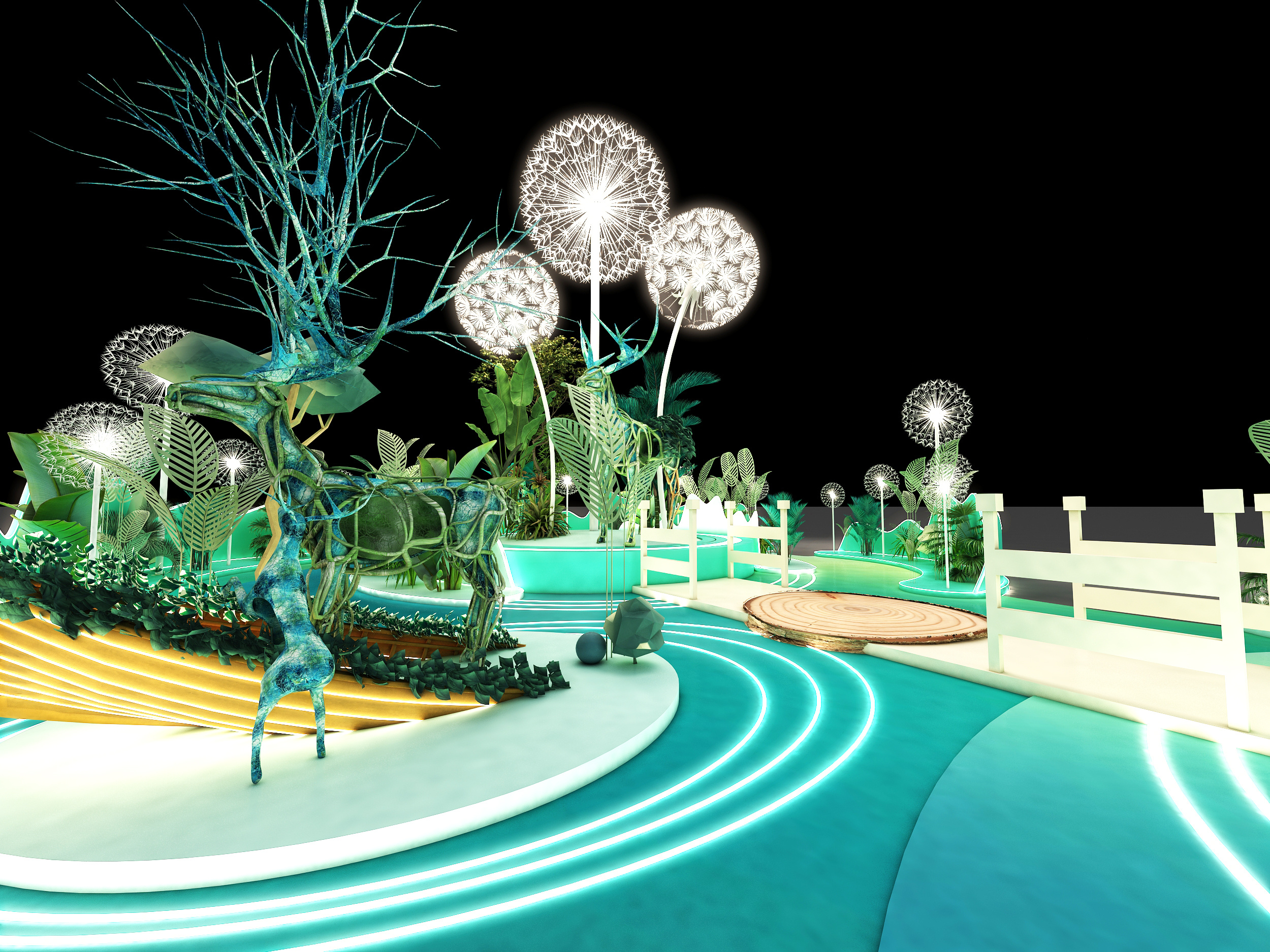 3d效果图绿色森林美陈拍照打卡区设计