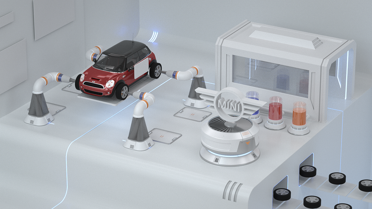 将在模型制作过程中初步设想的材质贴上,查看整体的效果。看一看分镜的效果,做出调整