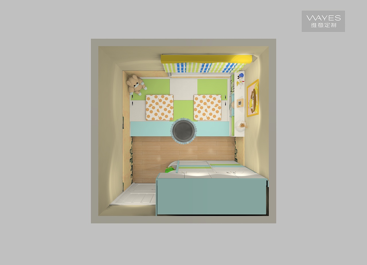 俯视图,可以纵观整个儿童房的布局,衣柜,榻榻米.