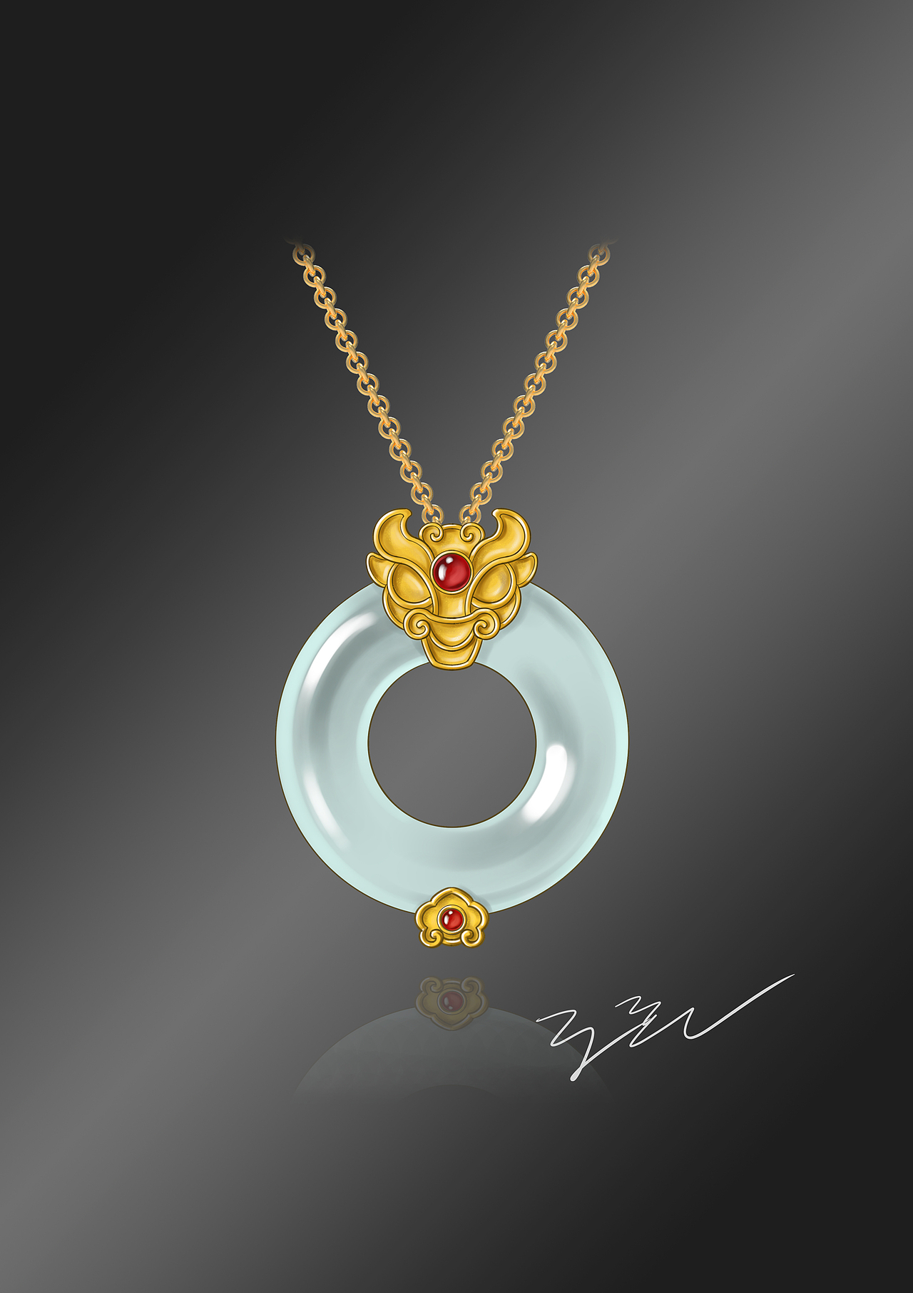 翠青花烟雨标签金镶玉首饰珠宝设计吊坠手绘作品信息创作时间2021