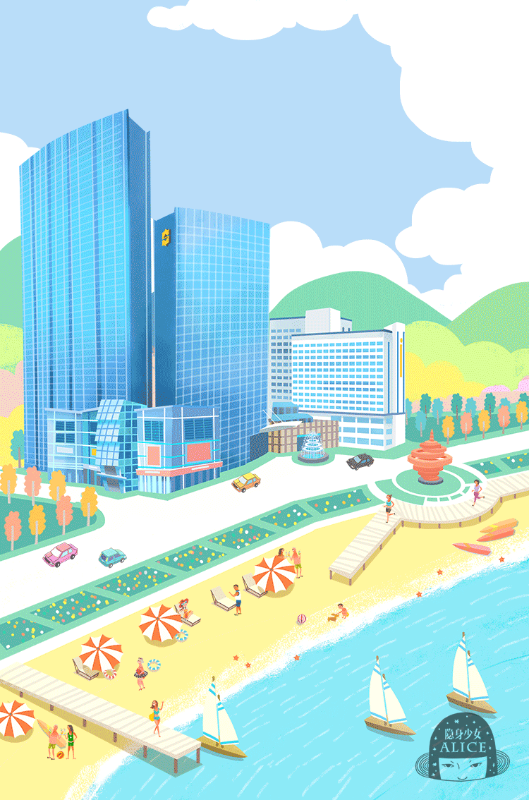 海边建筑插画 青岛香格里拉酒店插画海报动图（图ZODc3Mjk4NzI=） - 商业插画 - 站酷设计师隐身少女Alice原创素材 - 站酷ZCOOL