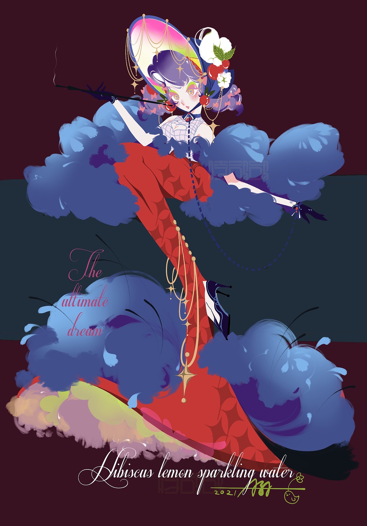 插画拟人|夏日饮品系列—木槿花柠檬气泡水