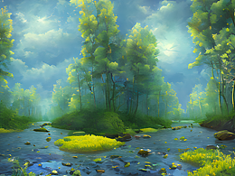 #站酷梦笔#森林 河流 鲜花，插画