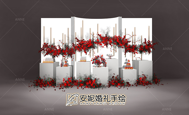 红色点缀 甜品区 安妮婚礼手绘（图ZMTUxMzY3MzQ0） - 舞台美术 - 站酷设计师安妮婚礼手绘原创素材 - 站酷ZCOOL