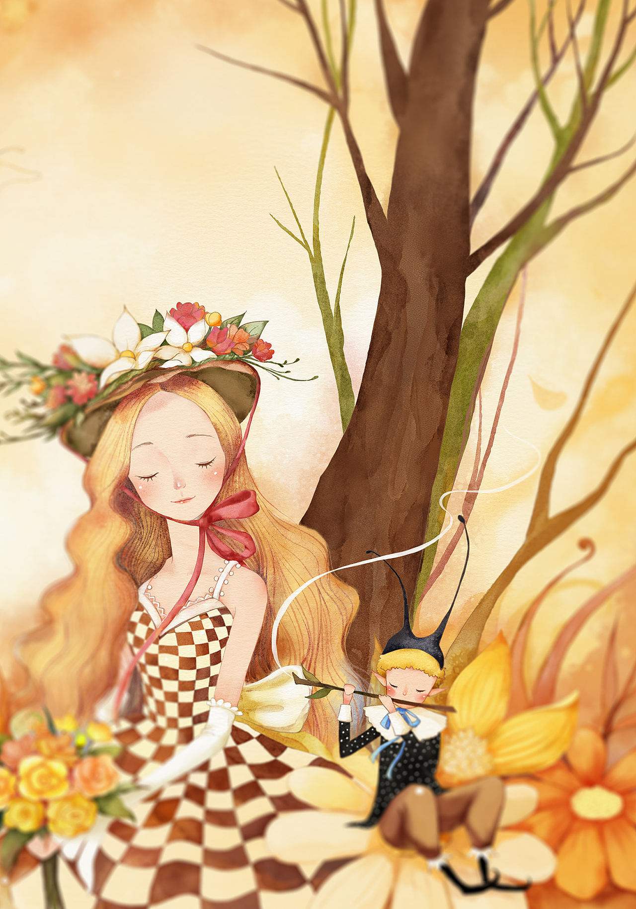 分享扶桑花女孩远方的祝福借我(小过程)标签水彩童话插画幻想森系作品
