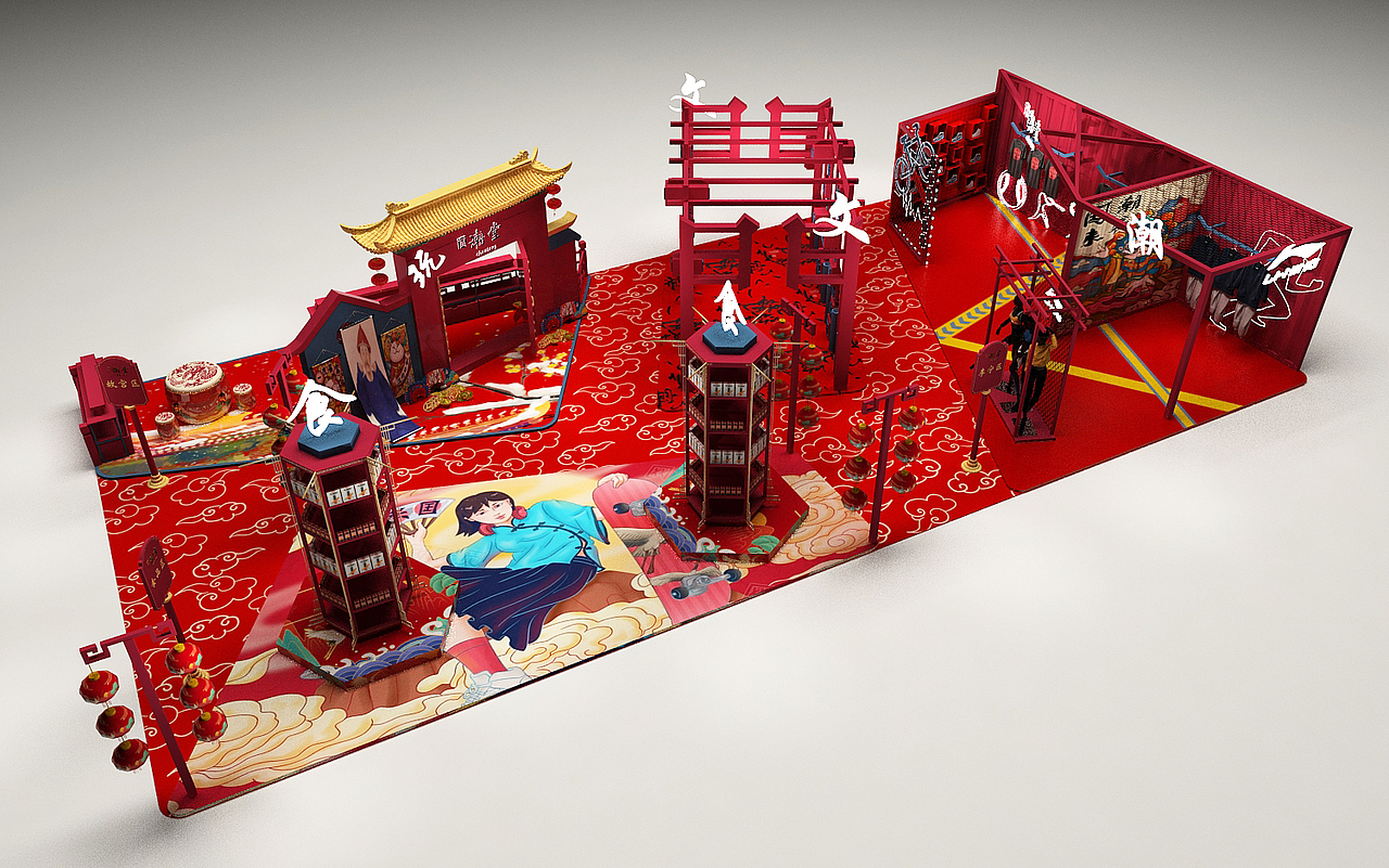 国潮中国风堂潮门头 推头组合快闪店|三维|场景|设计