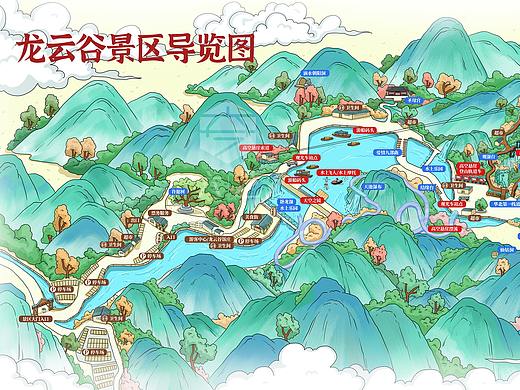 龙云谷景区导览图卡通手绘地图国潮山水