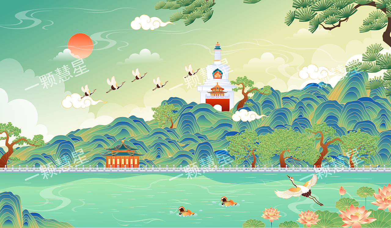 北京北海公园矢量插画_晚风在画画-站酷zcool