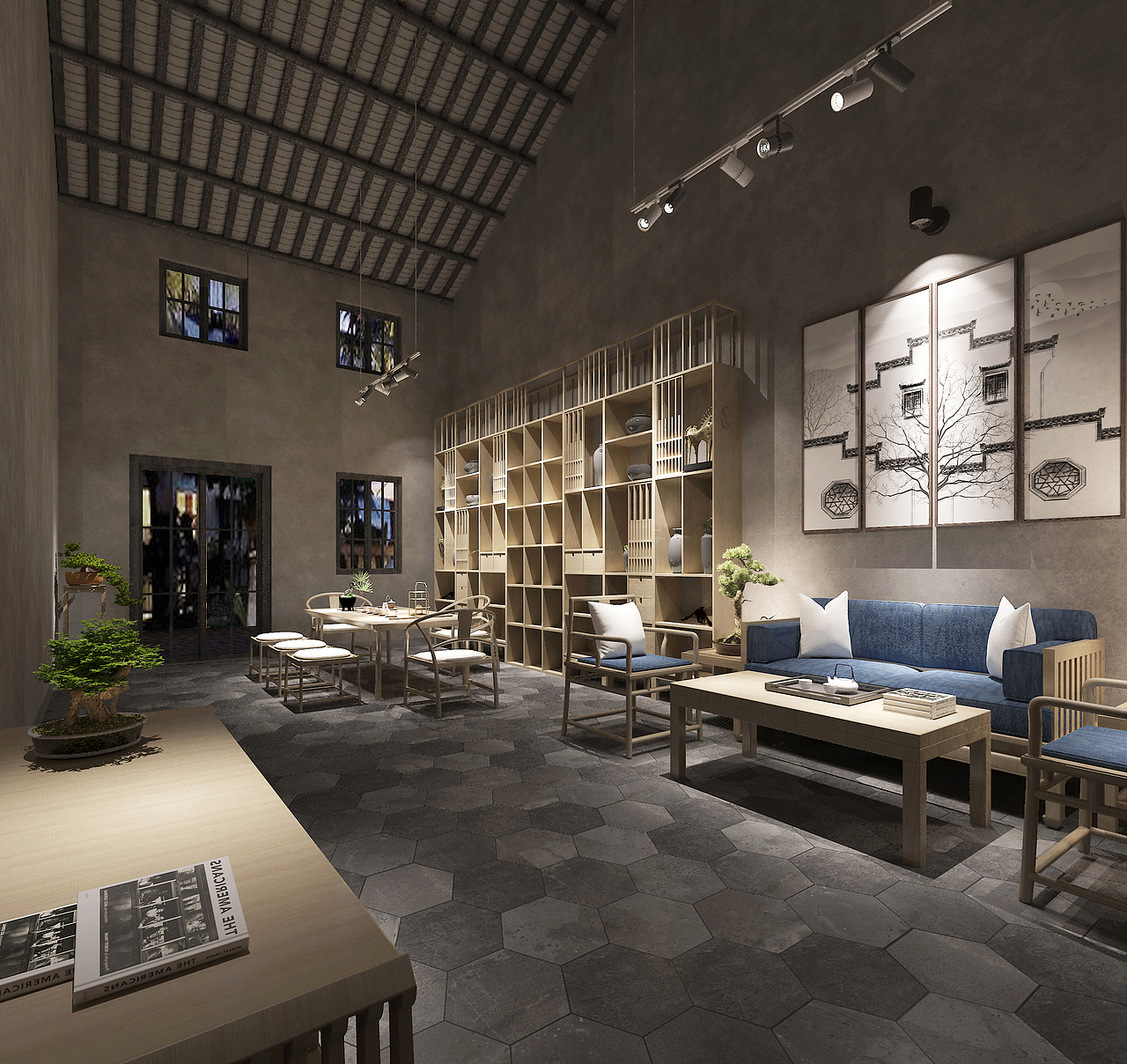 简单的线条便是最美的表达,深厚底韵的六边形铺砖,融合代表文人墨客儒雅的蓝色调沙发,原木材质家居,天然质朴、贴近自然,在柔和的灯光下,更加静谧悠远