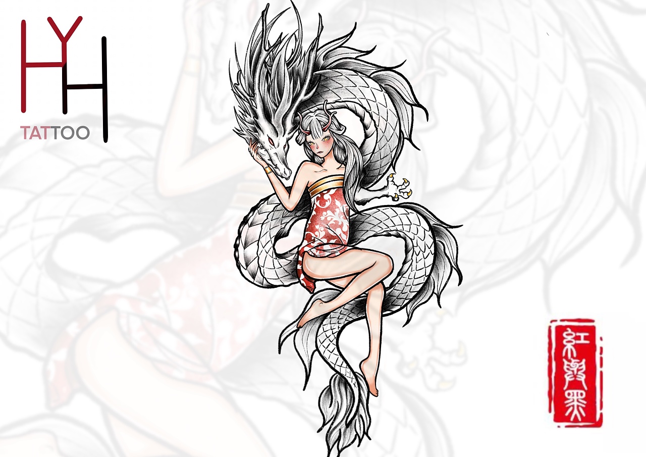 属相 龙女 纹身手稿|插画|商业插画|红与黑书画工作室 - 原创作品