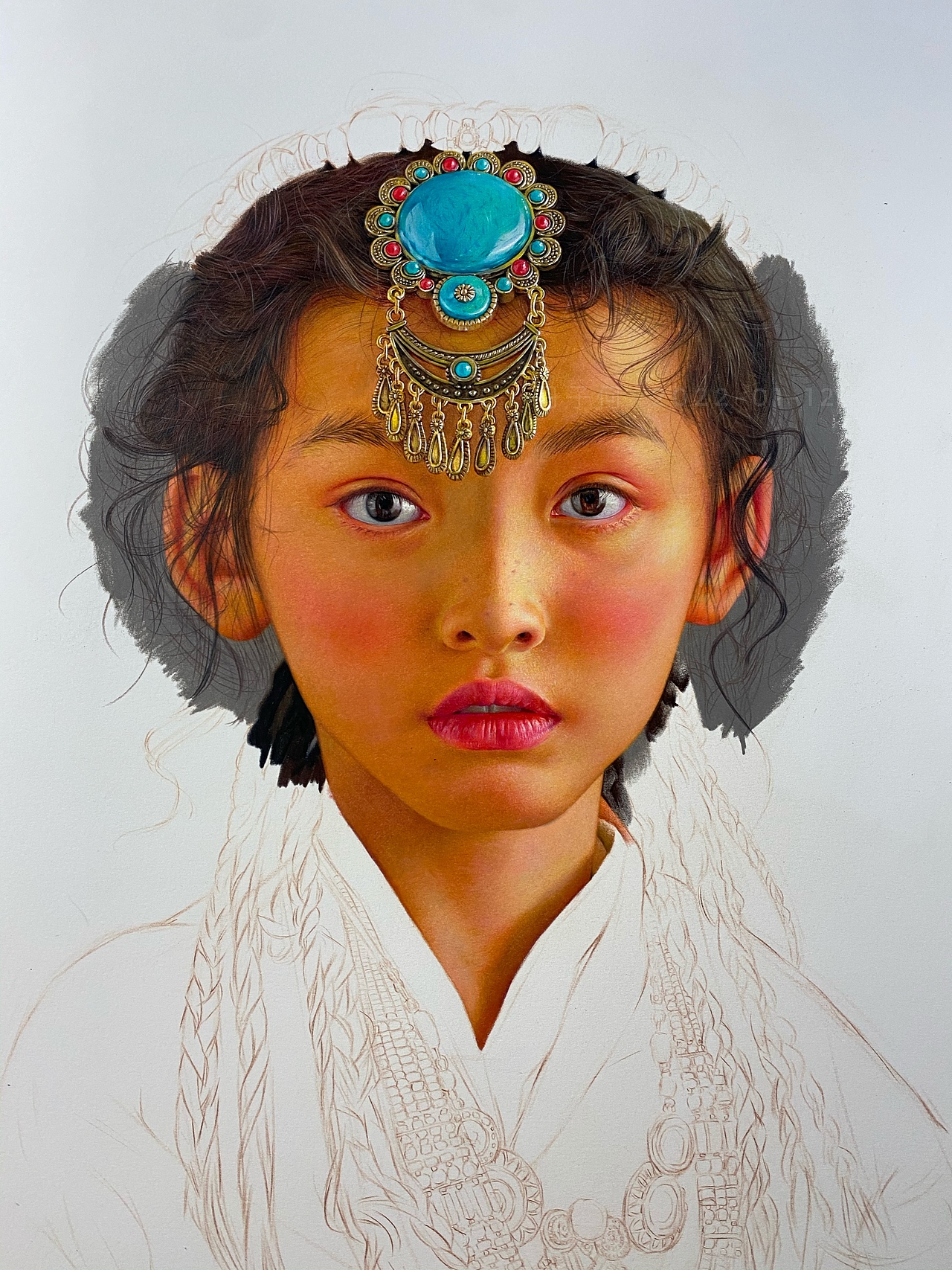彩铅人物-《头戴绿松石的小女孩》（图ZMjg3Njc2ODA0） - 绘画 - 站酷设计师丹子何原创素材 - 站酷ZCOOL