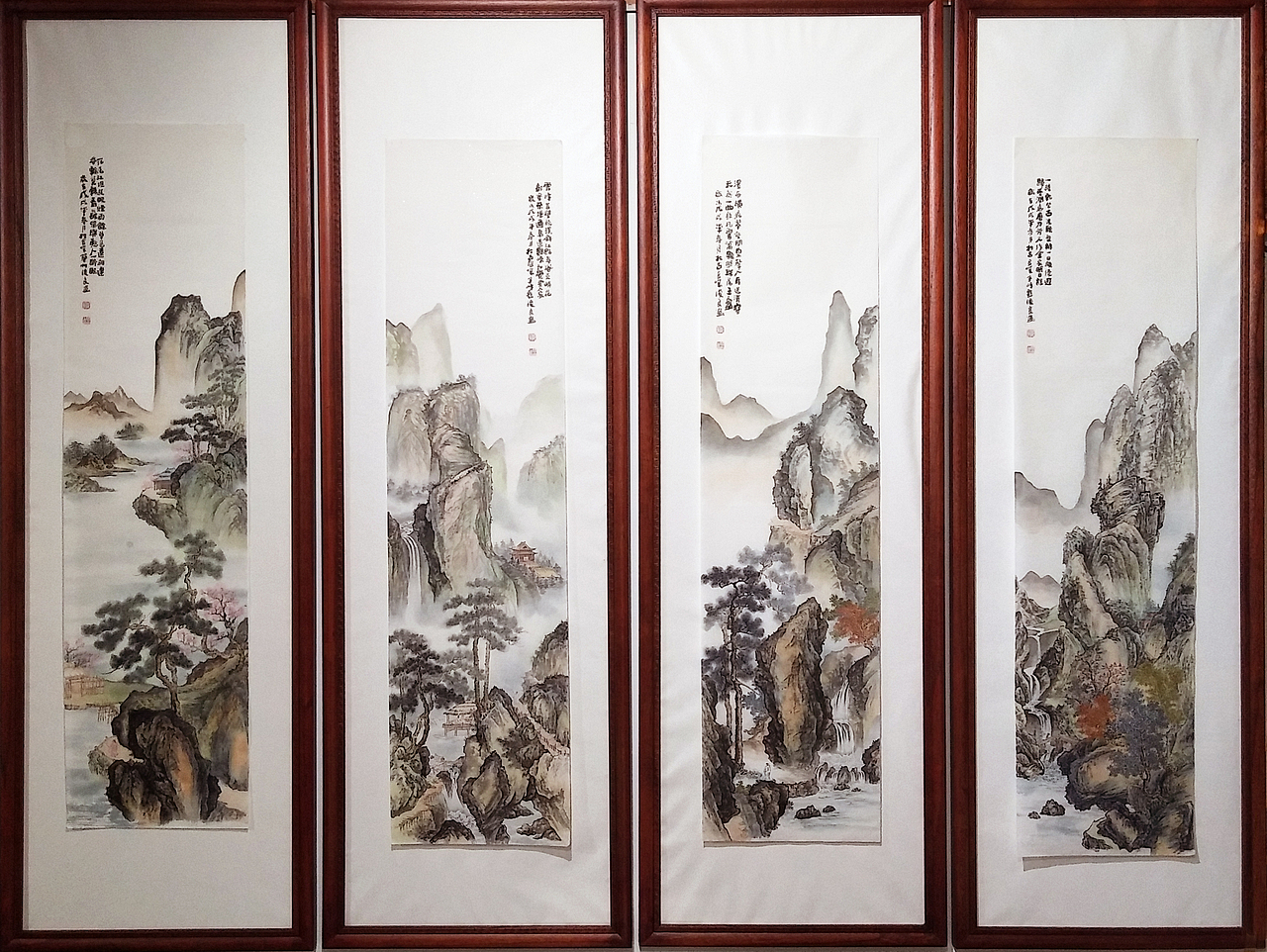 工笔山水画四条屏