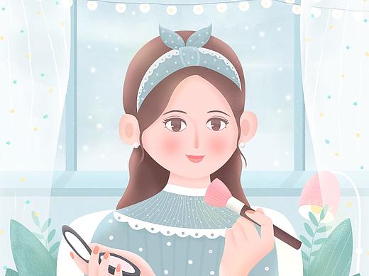 美肤女孩与化妆品插画