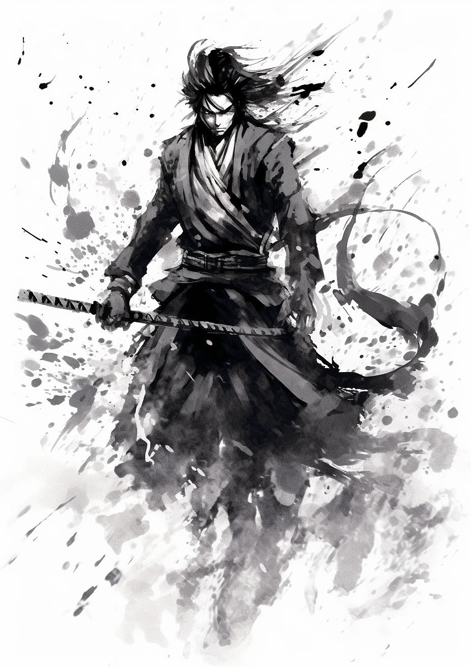 战斗中的黑白武士水墨画