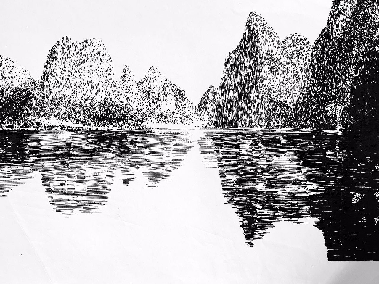 马国斌钢笔画江南水乡古镇风光