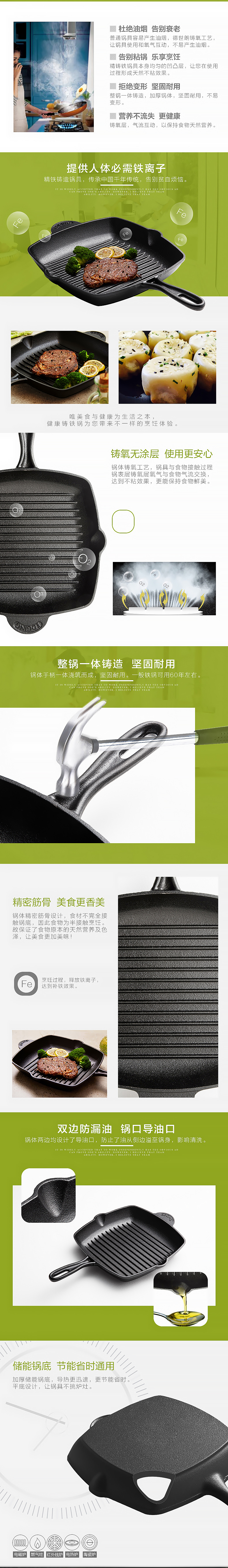 经典铸铁牛排煎盘 煎锅 精铸铁炒锅 煎锅 页面详情 海报 文描