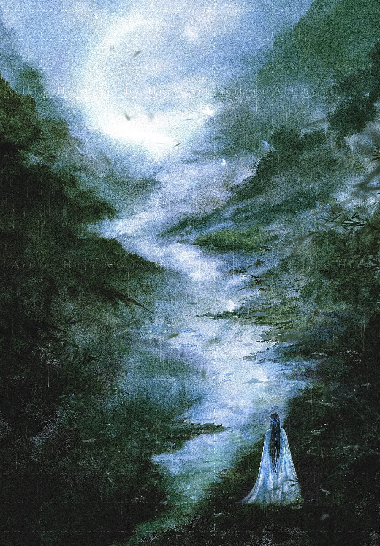 原创古风插画|与月同行