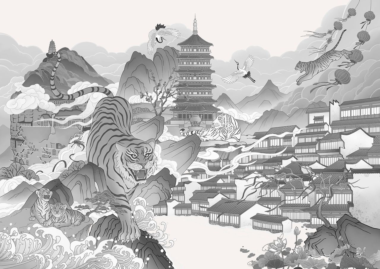 虎年賀歲，五虎迎春（圖ZMjgzMzUzMzg4） - 商業(yè)插畫 - 站酷設計師關山度月原創(chuàng)素材 - 站酷ZCOOL