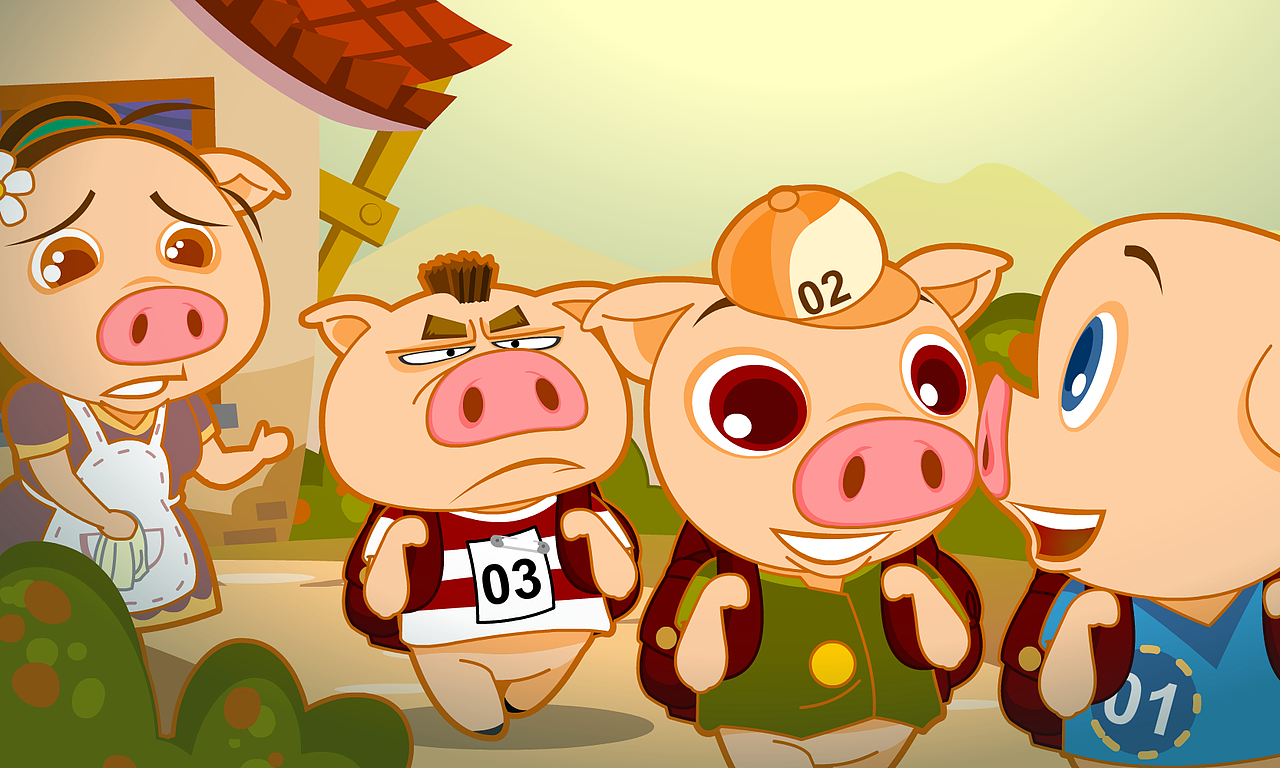 三只小猪决定离开妈妈开始他们各自的生活,虽然看起来他们还是生活不