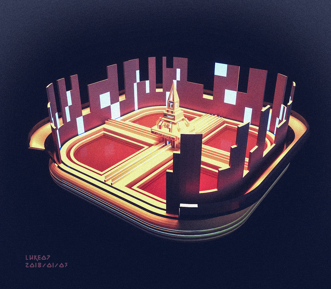 本来想练个材质，然后迷之拉出一个小城堡（带着坏笑2333），文字部分也是样条投射练习，比较深入理解了挤压和倒角。