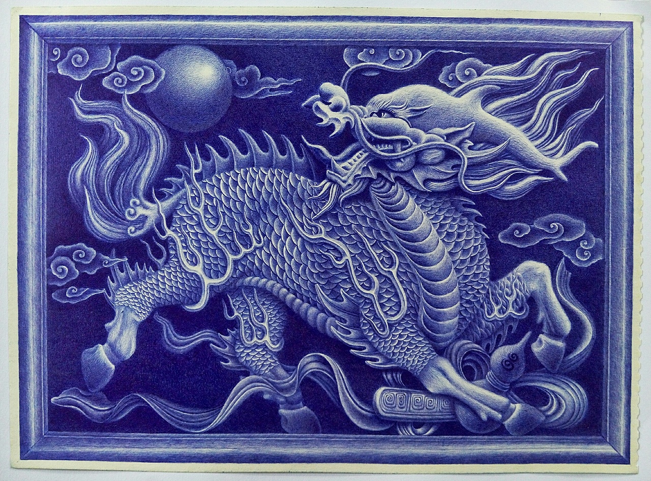 圆珠笔画四灵之一麒麟附步骤图