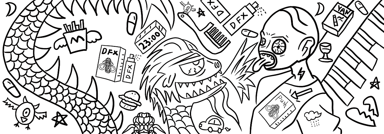 公交车身广告插画——脱发怪人和长发怪物的战争