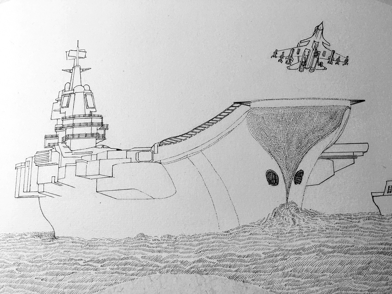 钢笔画海军系列钢笔画两幅50x26cm扇面钢笔画