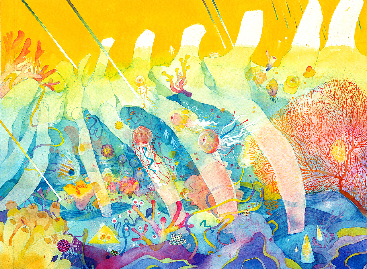 《Blooming-Whale Fall》纸本水彩、综合材料;55x72cm;2018年
海的蔚蓝渴望大地的郁郁葱葱,在寂静的水底之下,消逝的鲸落成为了无数生命的乐园。