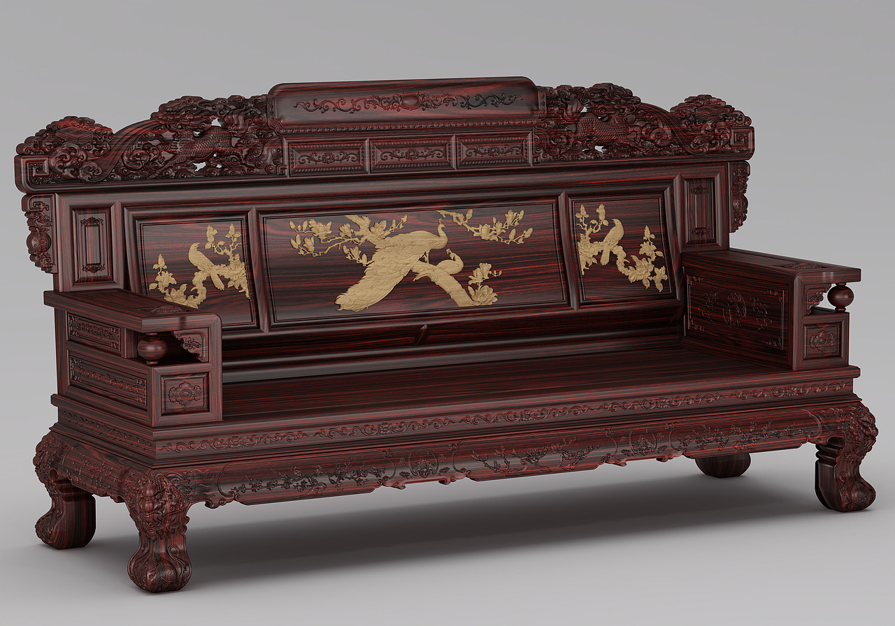 红木古典沙发建模、效果图表现