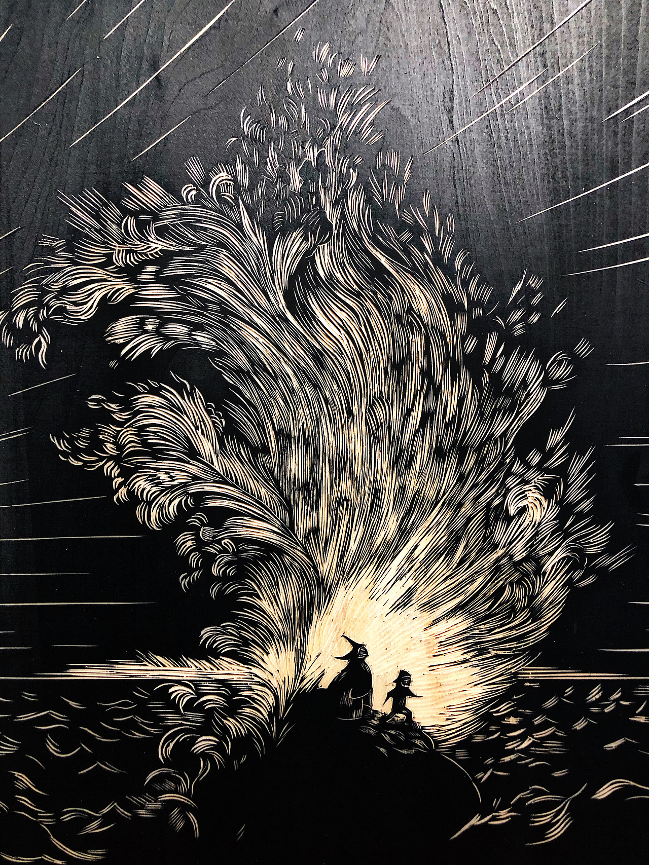 手工雕刻黑白木刻版画抽象风景人物