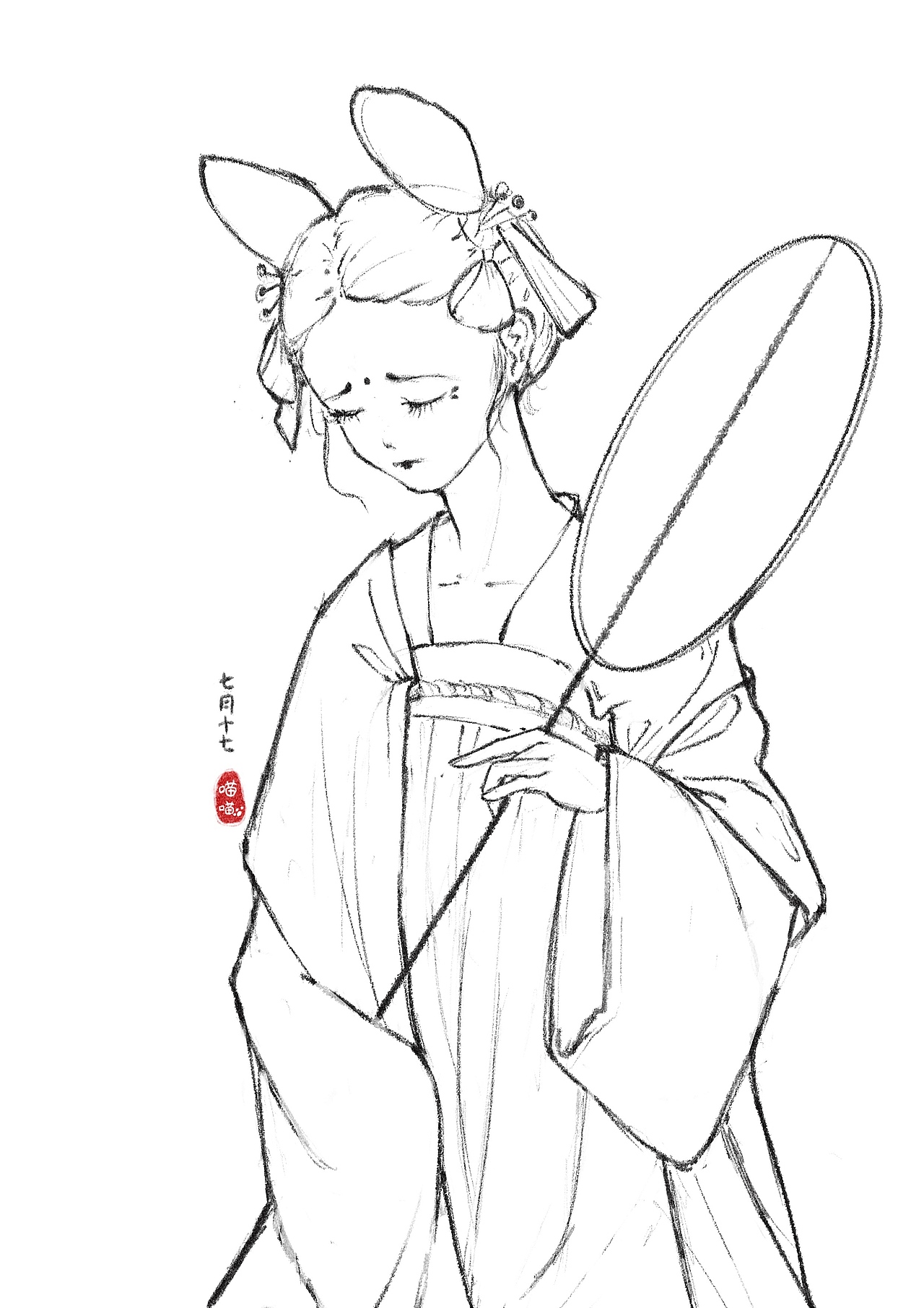 「古风」唐风执扇仕女-线稿速写（图ZMjg1MTgxMjUy） - 绘本 - 站酷设计师雪姑喵喵原创素材 - 站酷ZCOOL