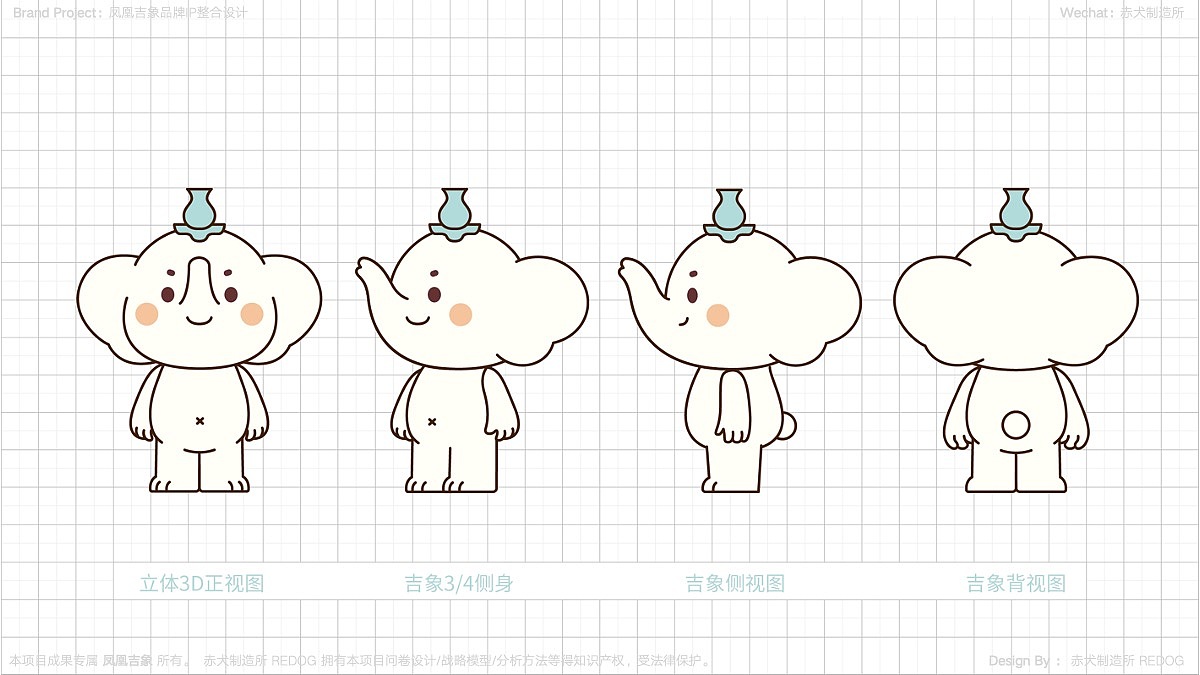 与之前的书童造型不同,这次升级的造型希望以小白象为主;其实某种角度来说“书童服”就像是“员工服”,对品牌而言意图清晰,但对日常用户而且却略显功利;所以需要先解决“小白象”本身的造型问题,再根据不同的主题和需求换装,而不是从一开始就用“服装”来掩盖一些本体的结构问题;