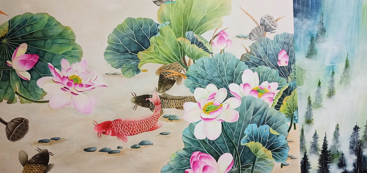 布面丙烯荷花锦鲤图|纯艺术|绘画|木子微chris - 原创作品 - 站酷