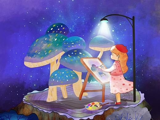星空下女孩画画,商业插画,某品牌水粉画笔插画