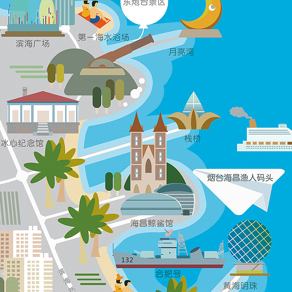 手绘地图烟台30版沙盘模型