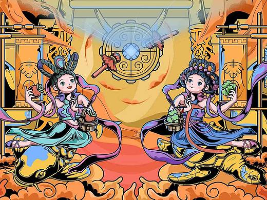 【国潮插画】--飞天敦煌与俑（个人主页-ZNTY0NzY1NDQ=） - 创作习作 - 站酷设计师小洁云JIEYUN原创素材 - 站酷ZCOOL