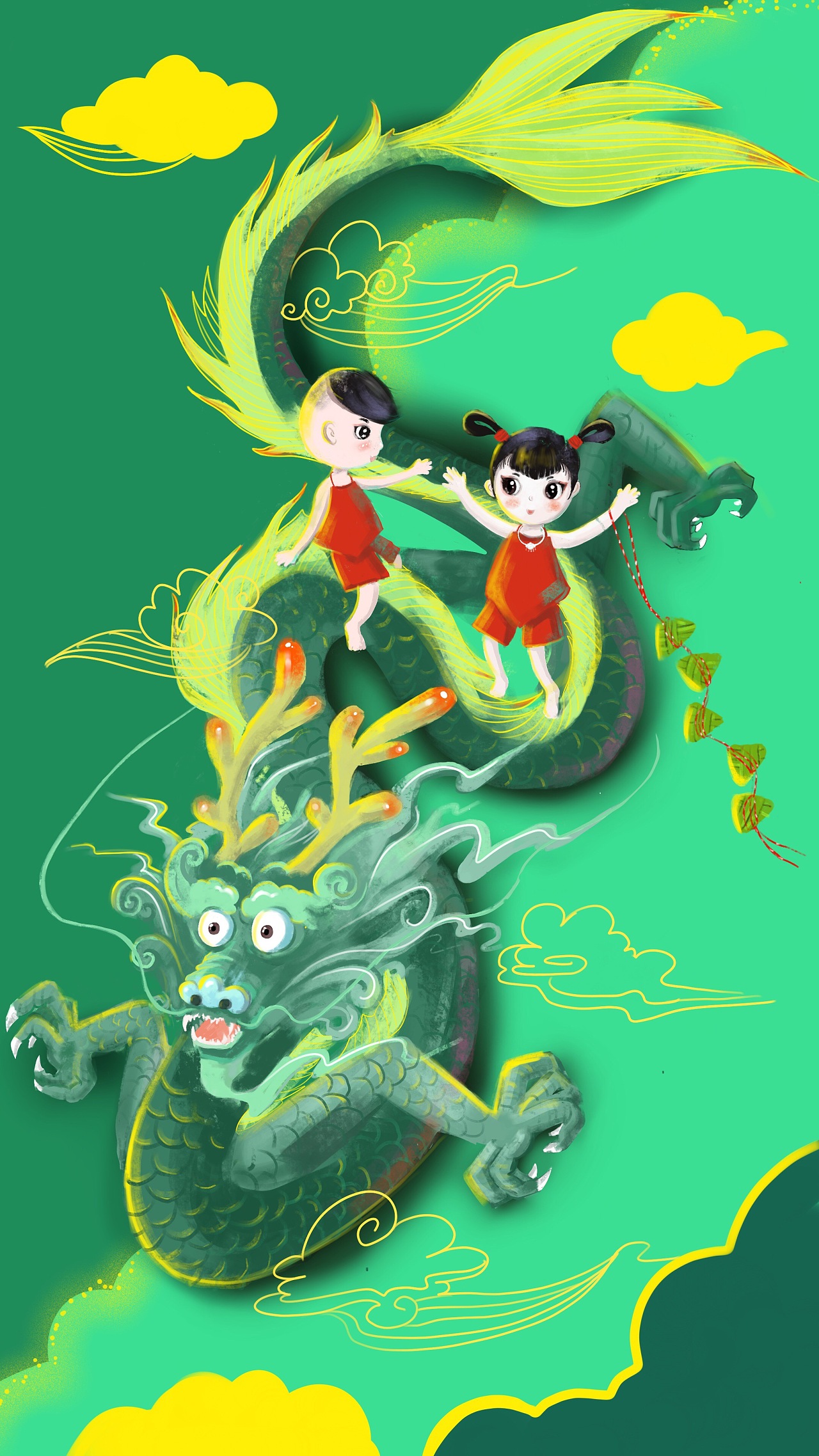 端午端午节龙与粽子手绘绿色国潮风端午插画图片-千库网