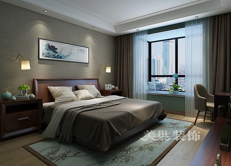 郑州尚书苑240平大平层新中式风格装修案例欣赏---次卧