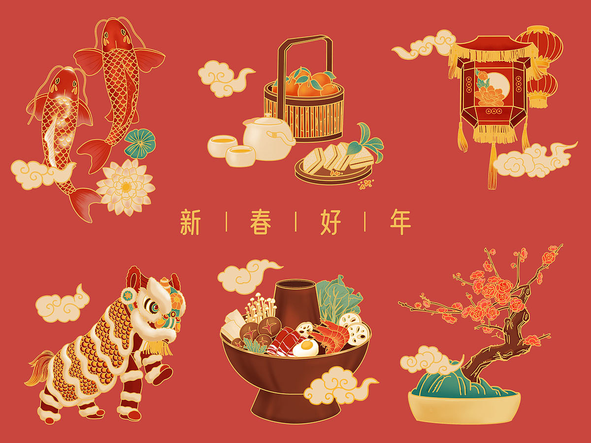 国潮风元素新年插画2021牛年