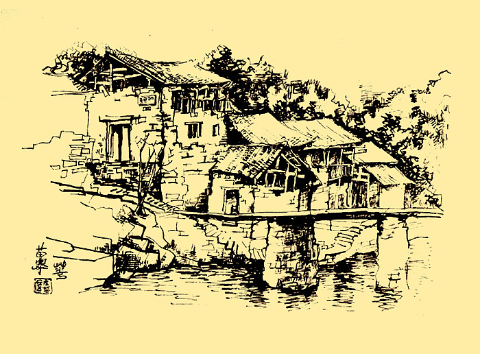 凤凰古城钢笔风景写生作品-詹彦华手绘(04年-08年)