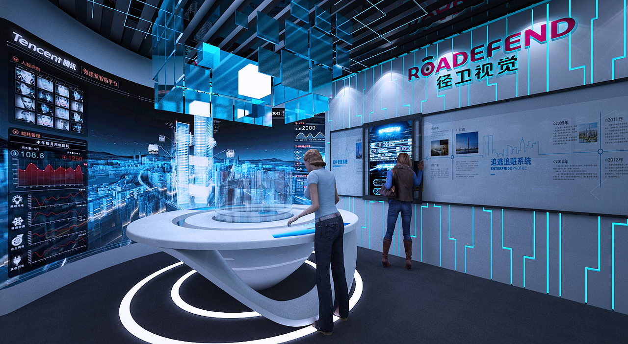 科技感 未来感 智能展厅 3d效果图 蓝白色调 全息系统