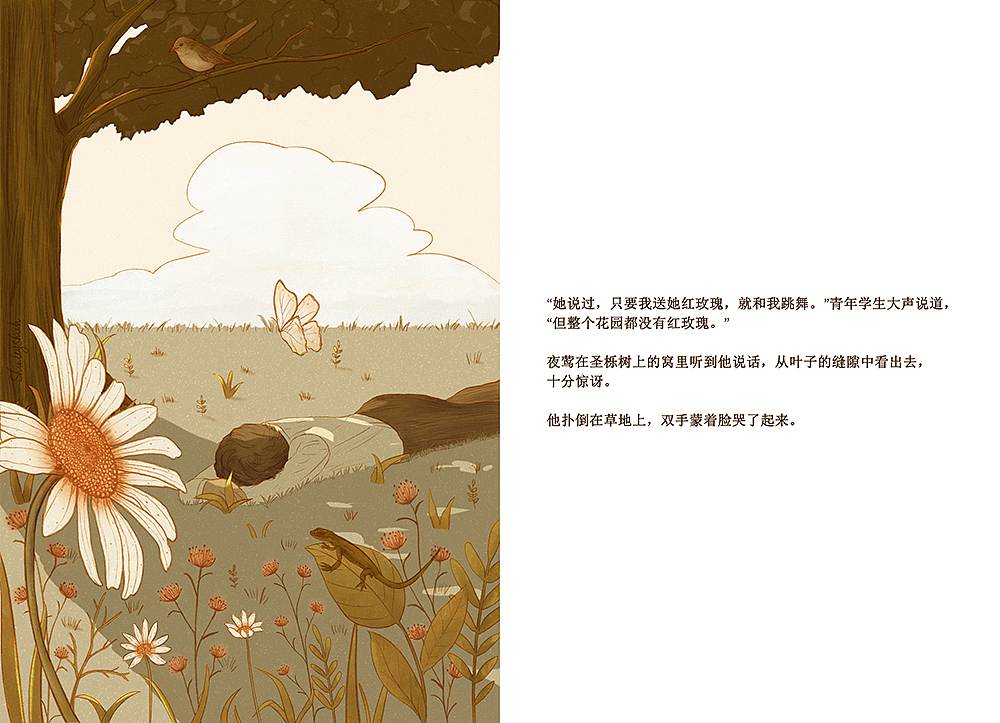 《夜鶯與玫瑰》繪本插圖（圖ZMjkzNDQzMDQ0） - 繪本 - 站酷設(shè)計(jì)師ShirleyShieh原創(chuàng)素材 - 站酷ZCOOL
