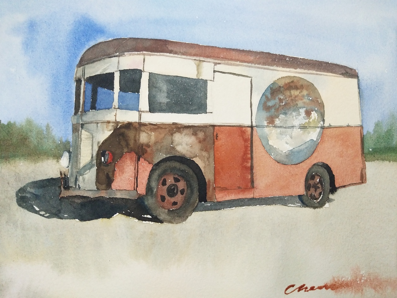 水彩破旧公交车