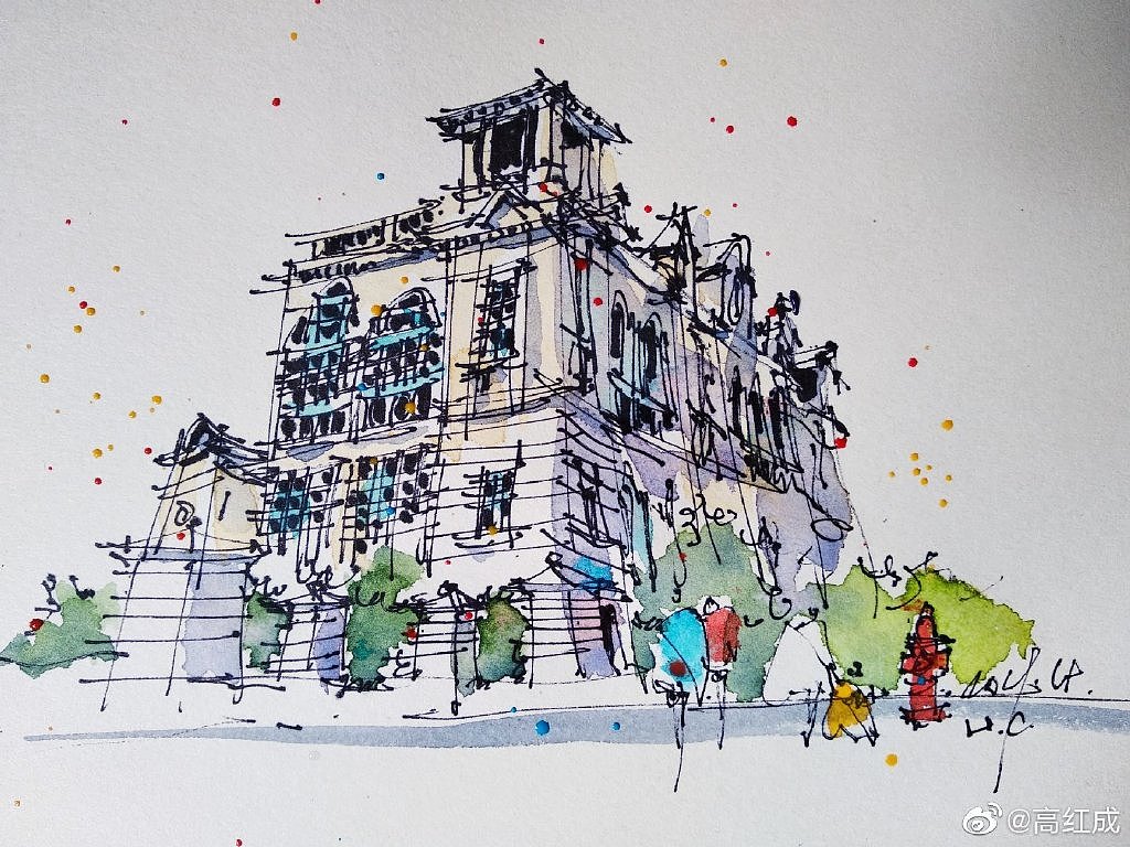 钢笔淡彩建筑风景速写