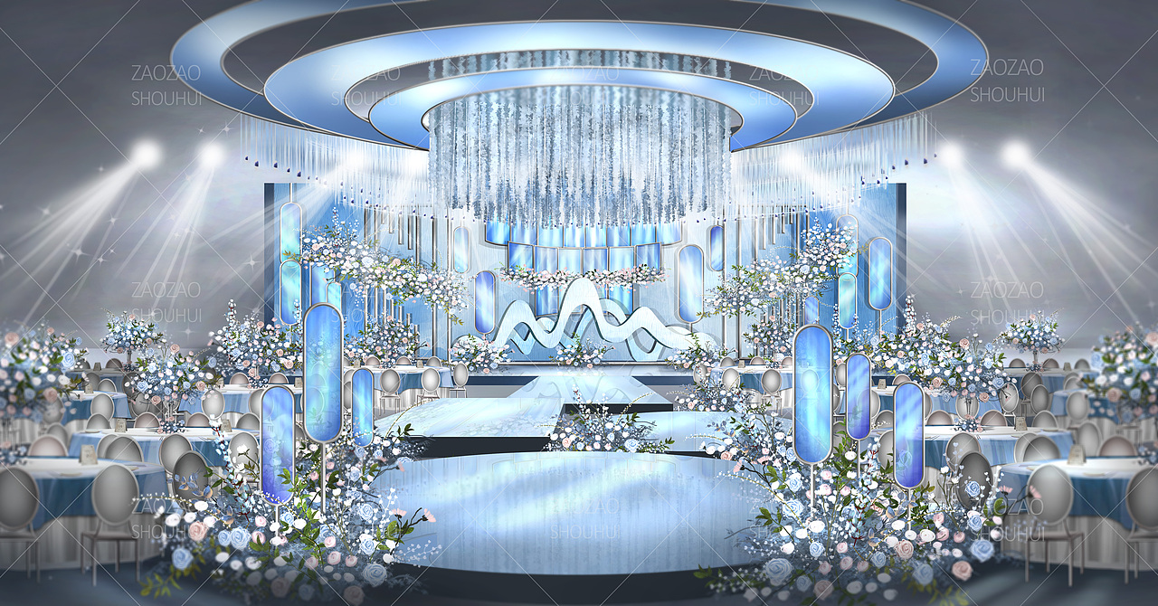 蓝色原创手绘婚礼效果图